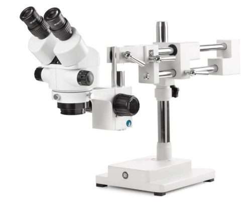 StereoBlue stereomicroscope binocular head 7-45x zoom magnification double boom arm stand