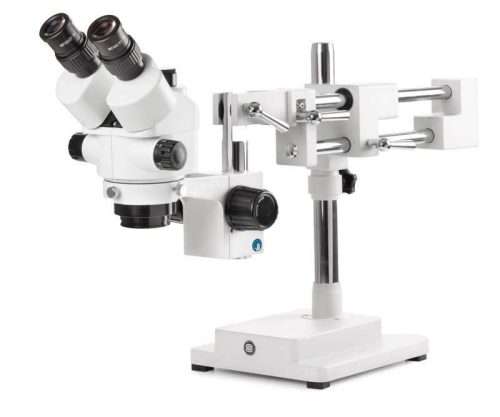 StereoBlue stereomicroscope trinocular head 7-45x zoom magnification double boom arm stand